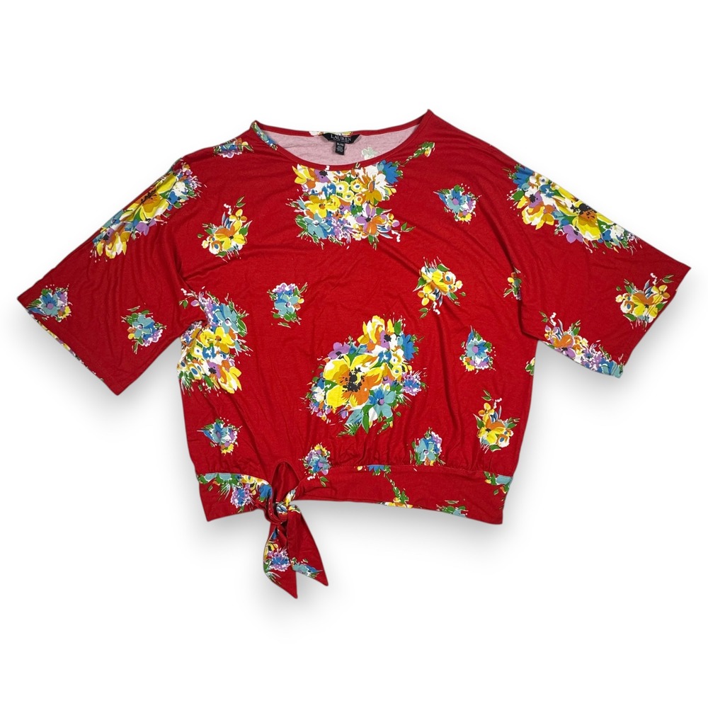 Lauren Ralph Lauren Floral Dolman Side Tie Top Womens Red XL